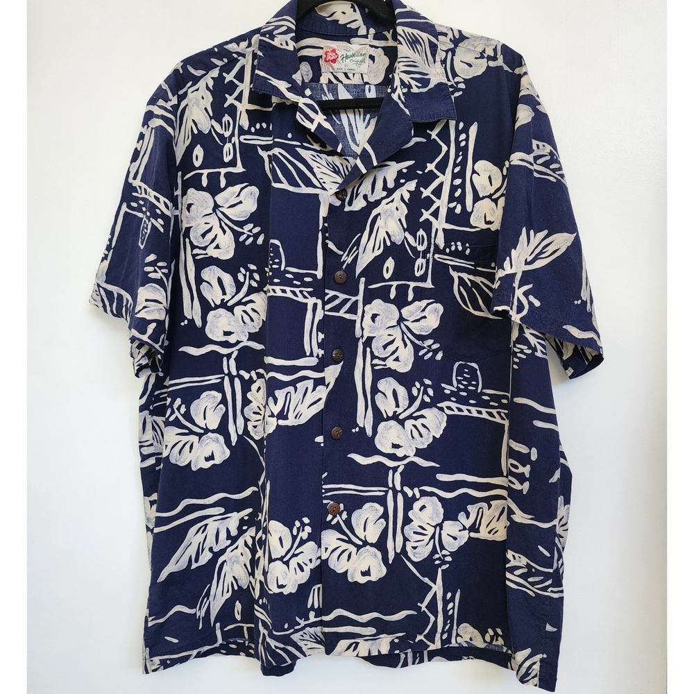 Hilo Hattie The Hawaiian Original Navy Blue Aloha Shirt XL Made in Hawaii Rayon - Picture 2 of 6